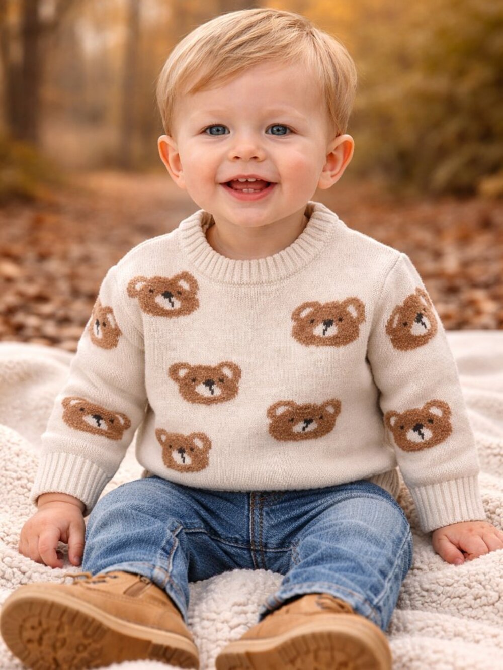 NWT Cat & Jack Toddler Boy Sweater 12M Bear Print Knit Pullover Cozy Fall Winter - Picture 2 of 3